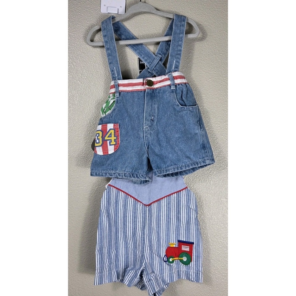 Vintage‎ Hopscotch Denim Suspender Shorts & Train Romper Bundle 12M Retro 90s...